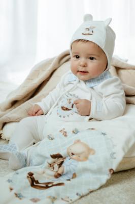 Picture of Jamiks Kids Baby Boys Andretti Rocking Horse  Babygrow Hat Swaddle Bib Velour Set X 4 - Ivory Pale Blue