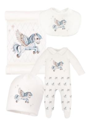 Picture of Jamiks Kids Baby Boys Cruz Flying Pony Babygrow Hat Swaddle Bib Velour Set X 4 - Ivory Pale Blue