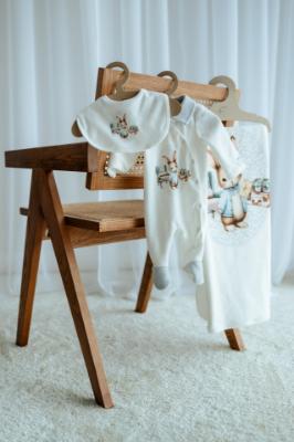 Picture of Jamiks Kids Baby Boys Damaso Bunny Babygrow Hat Swaddle Bib Velour Set X 4 - Ivory Pale Blue