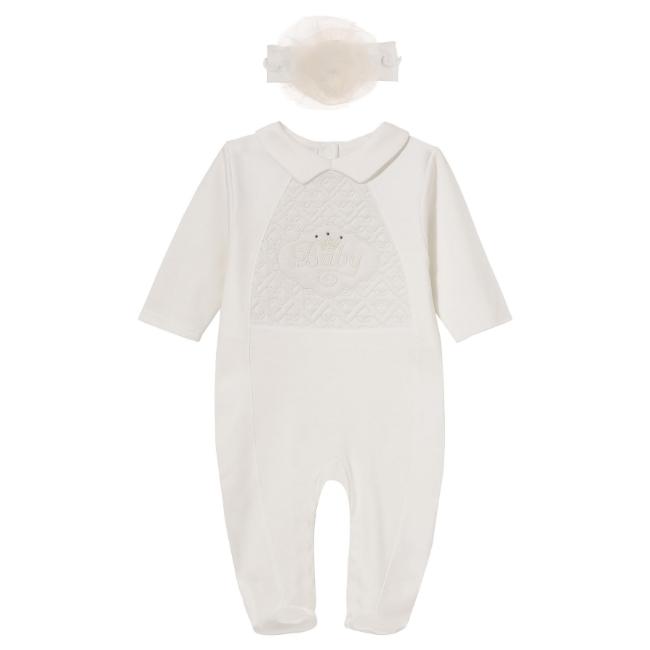 Picture of Sofija Baby Bambini Collection Babygrow With Collar & Tulle Headband Set X 2- Ivory