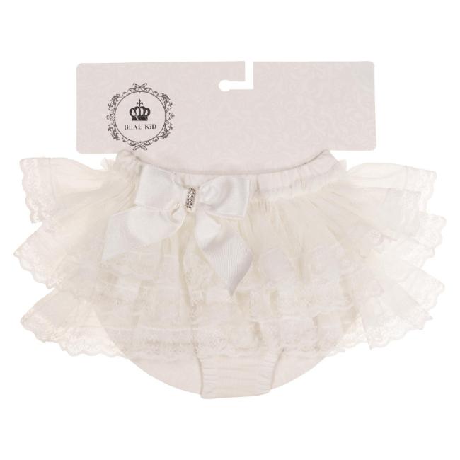 Picture of Beau KiD Baby Girls Lace Ruffle Bloomer Panties With Diamante Satin Bow - Ivory
