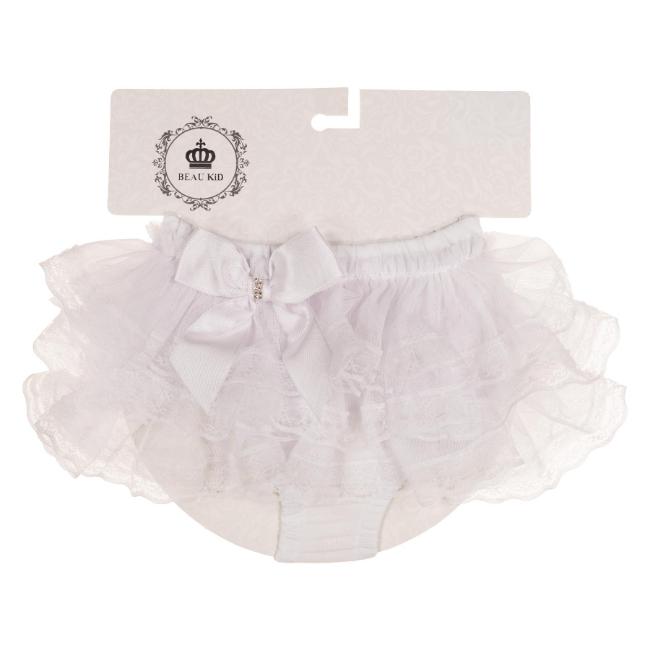 Picture of Beau KiD Baby Girls Lace Ruffle Bloomer Panties With Diamante Satin Bow - White