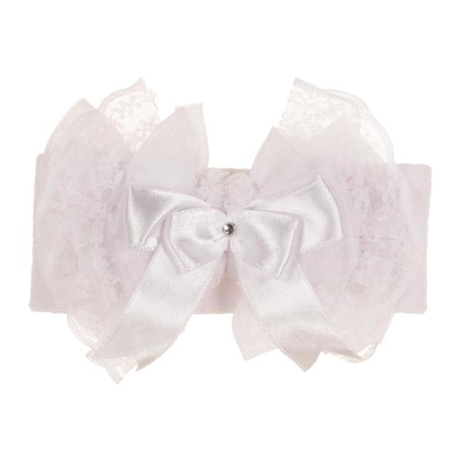 Picture of Beau KiD Baby Girls Lace Ruffle Soft Headband With Diamante Satin Bow - White