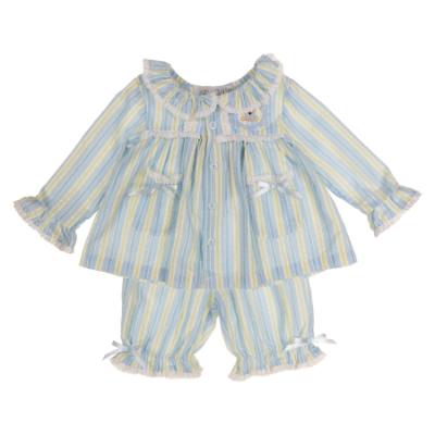 Picture of Beau KiD Baby Girls Embroidered Teddy Stripe Pyjamas Set X 2 - Blue Lemon