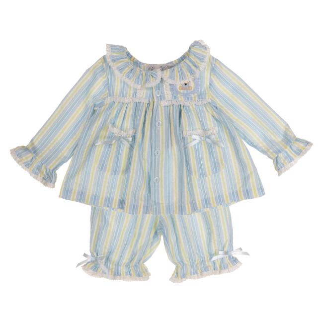 Picture of Beau KiD Baby Girls Embroidered Teddy Stripe Pyjamas Set X 2 - Blue Lemon