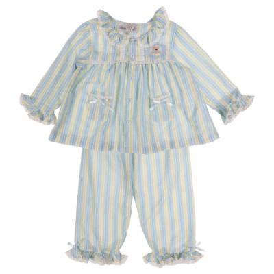 Picture of Beau KiD Girls Embroidered Teddy Stripe Pyjamas Set X 2 - Blue Lemon
