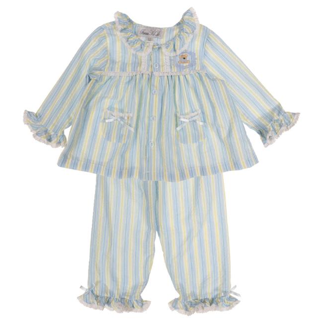 Picture of Beau KiD Girls Embroidered Teddy Stripe Pyjamas Set X 2 - Blue Lemon