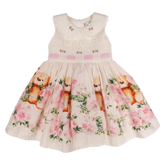 Picture of Beau KiD Girls Smocked Teddy & Roses Dress - Ivory Pink
