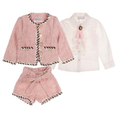 Picture of Beau KiD Girls Tweed Shorts Ruffle Blouse & Jacket Set  X 3 - Pink White