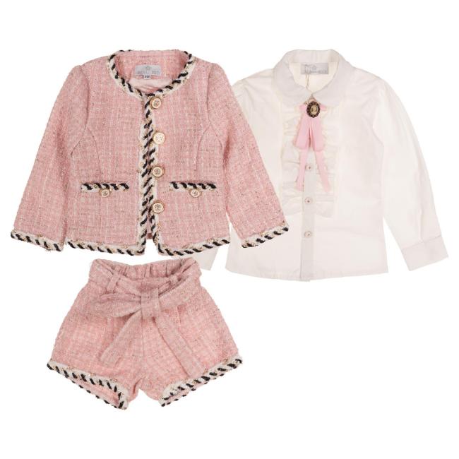 Picture of Beau KiD Girls Tweed Shorts Ruffle Blouse & Jacket Set  X 3 - Pink White