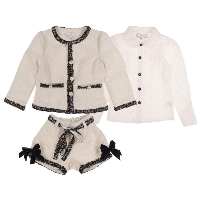 Picture of Beau KiD Girls Tweed Shorts Ruffle Blouse & Jacket Set  X 3 - Ivory Navy