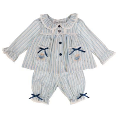 Picture of Beau KiD Baby Girls Embroidered Teddy Stripe Pyjamas Set X 2 - Blue Ivory