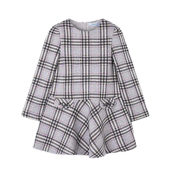 Picture of Mayoral Girls Winter Check Dress With Snaffle Chain Decoration - Silver Grey