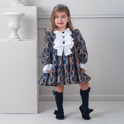 Picture of PRE ORDER Rochy Girls Vintage Chains Collection Triple Bow Dress - Navy Blue White