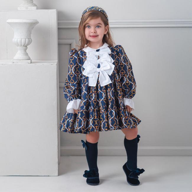 Picture of PRE ORDER Rochy Girls Vintage Chains Collection Triple Bow Dress - Navy Blue White