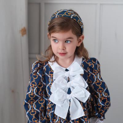 Picture of PRE ORDER Rochy Girls Vintage Chains Collection Triple Bow Dress - Navy Blue White