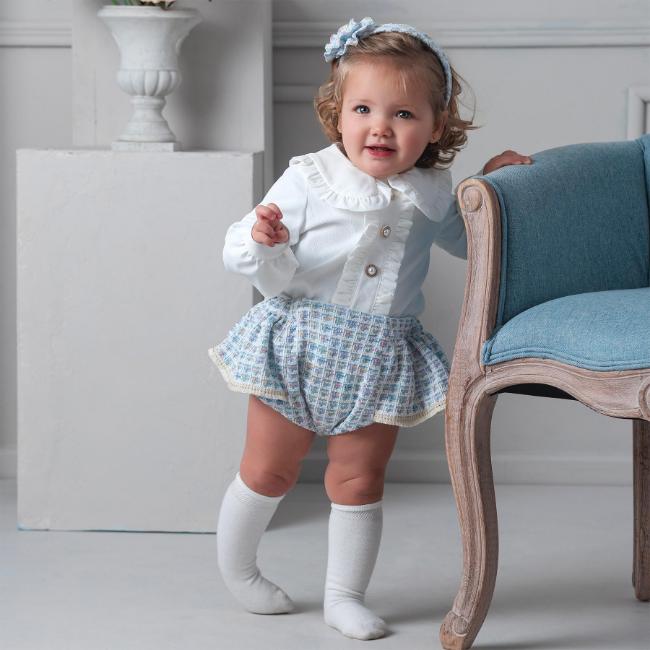 Picture of PRE ORDER Rochy Baby Girls Tweed Collection Jam Pant Set X 2 - White Pale Blue