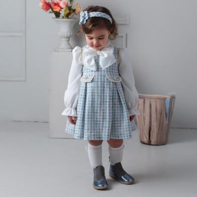 Picture of PRE ORDER Rochy Girls Tweed Collection Blouse & Pinafore Dress - White Pale Blue