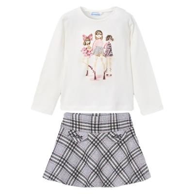 Picture of Mayoral Girls Winter Top & Check Skirt Set X 2 - Ivory Pink Silver Grey