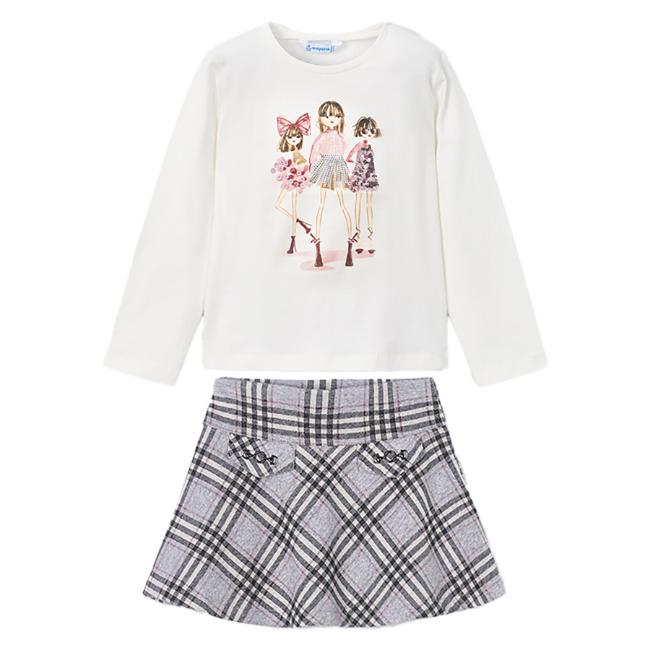 Picture of Mayoral Girls Winter Top & Check Skirt Set X 2 - Ivory Pink Silver Grey