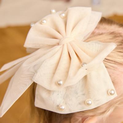 Picture of Caramelo Kids Girls Large Tulle & Pearls Hair Bow with Clip - Mink