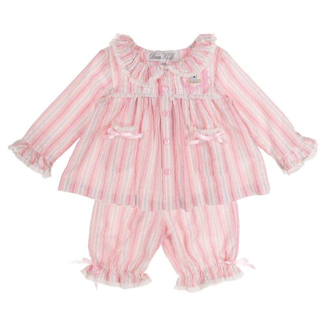 Picture of Beau KiD Baby Girls Embroidered Teddy Stripe Pyjamas Set X 2 - Dark Pink Ivory