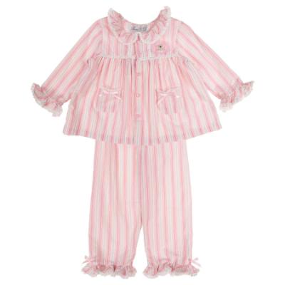 Picture of Beau KiD Girls Embroidered Teddy Stripe Pyjamas Set X 2 - Dark Pink Ivory