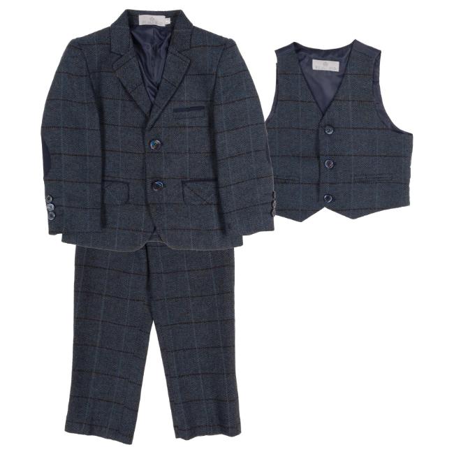 Picture of Beau KiD Boys Traditional Three Piece Check Suit - Navy Blue