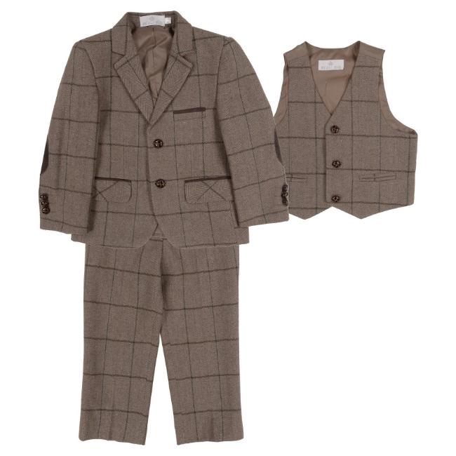 Picture of Beau KiD Boys Traditional Three Piece Check Suit - Dark Beige Green