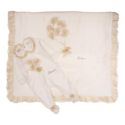 Picture of Bimbalo Baby Girls Velour Sleepsuit & Matching Blanket Set X 2 - Ivory Gold