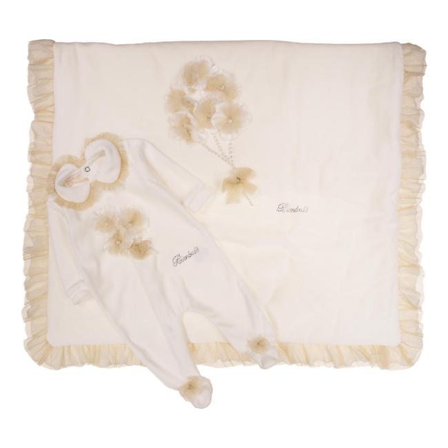 Picture of Bimbalo Baby Girls Velour Sleepsuit & Matching Blanket Set X 2 - Ivory Gold