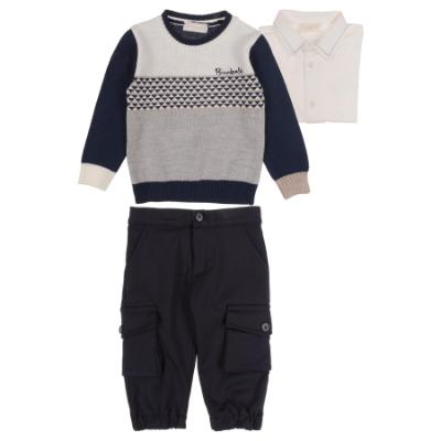 Picture of Bimbalo Baby Boys Sweater Trousers Shirt Set X 3 - Ivory Navy Beige