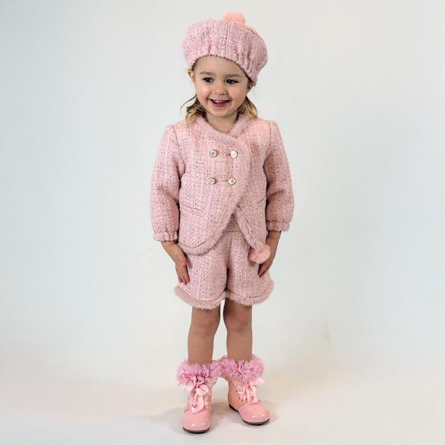 Picture of Beau KiD Girls Fur Trimmed Tweed Shorts Beret & Jacket Set  X 2 - Pink White