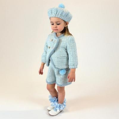 Picture of Beau KiD Girls Fur Trimmed Tweed Shorts Beret & Jacket Set  X 2 - Blue White