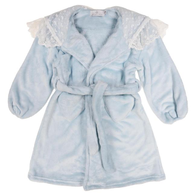 Picture of Beau KiD Girls Velour Hooded Dressing Gown With Lace - Pale Blue