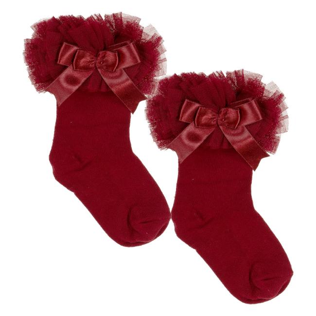 Picture of Beau KiD Girls TuTu Tulle Ruffle Ankle Socks With Satin Bow - Burgundy