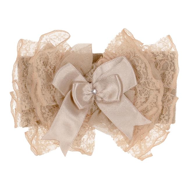 Picture of Beau KiD Baby Girls Lace Ruffle Soft Headband With Diamante Satin Bow - Camel