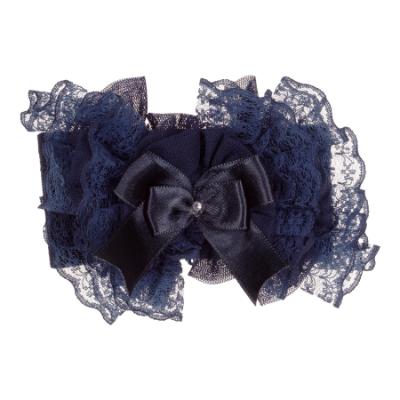 Picture of Beau KiD Baby Girls Lace Ruffle Soft Headband With Diamante Satin Bow - Navy Blue