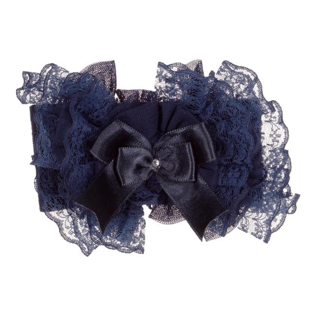 Picture of Beau KiD Baby Girls Lace Ruffle Soft Headband With Diamante Satin Bow - Navy Blue
