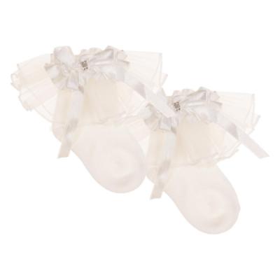 Picture of Beau KiD Girls Wide Tulle Ruffle Ankle Socks With Bow & Diamante - Ivory