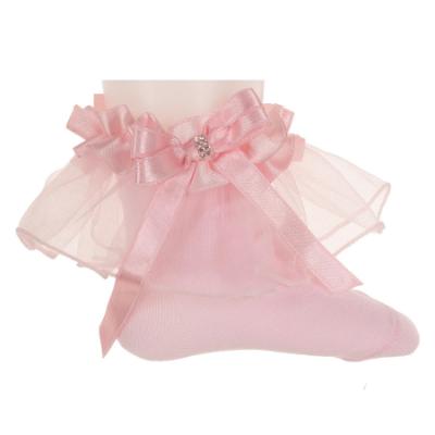 Picture of Beau KiD Girls Wide Tulle Ruffle Ankle Socks With Bow & Diamante - Pink