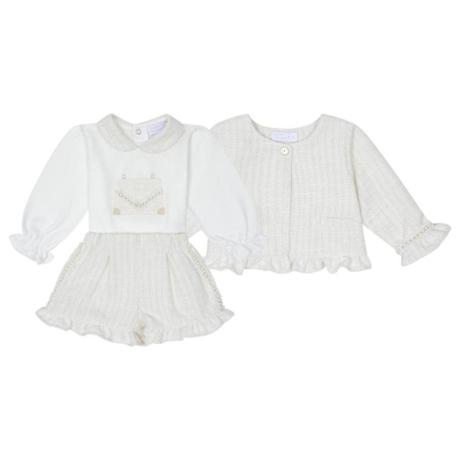 Picture of Deolinda Chic Girls Tweed & Pearl Top Shorts Jacket Set X 3 - Ivory Gold