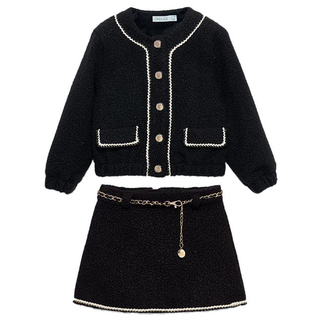 Picture of Abel & Lula Girls Sherpa Bomber Jacket & Skirt Set X 2 - Black Ivory Gold