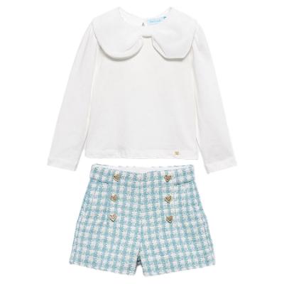 Picture of Abel & Lula Girls Bow Collar Top & Tweed Bermuda Shorts Set X 2 - Ivory Aqua