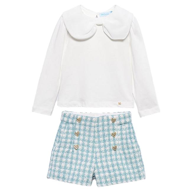 Picture of Abel & Lula Girls Bow Collar Top & Tweed Bermuda Shorts Set X 2 - Ivory Aqua