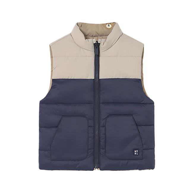 Picture of Mayoral Toddler Boys Winter Reversible Padded Gilet - Beige Navy Teddy Print