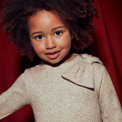 Picture of Mayoral Girls Winter Glitter Bow Flared Dress - Toffee Beige