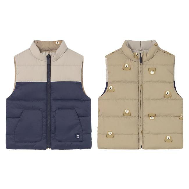 Picture of Mayoral Toddler Boys Winter Reversible Padded Gilet - Beige Navy Teddy Print