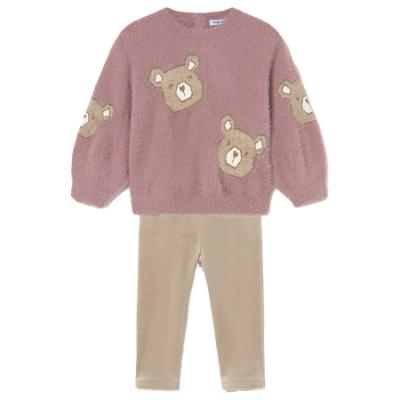 Picture of Mayoral Toddler Girls Winter Teddy Jumper & Leggings Set X 2 - Dark Pink Beige