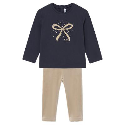 Picture of Mayoral Toddler Girls Winter Gold Bow Top & Velour Leggings Set X 2 - Navy Beige